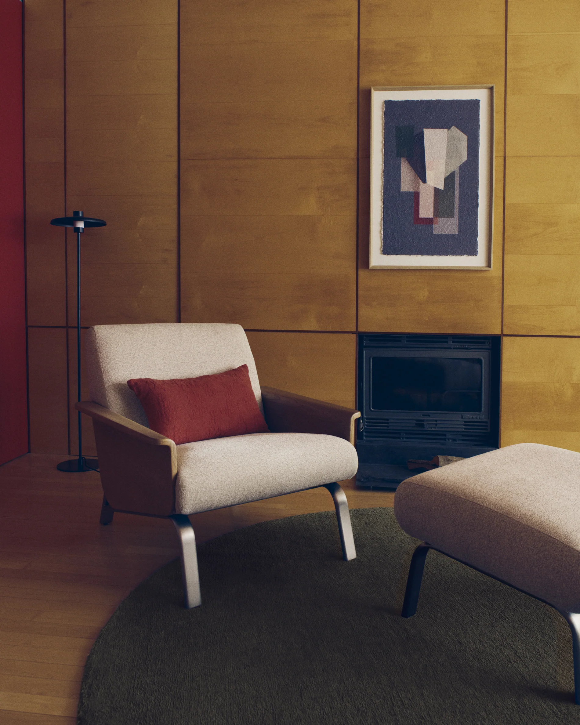 Amsen beige armchair in oak plywood with legs in brushed stainless steel - Image 2