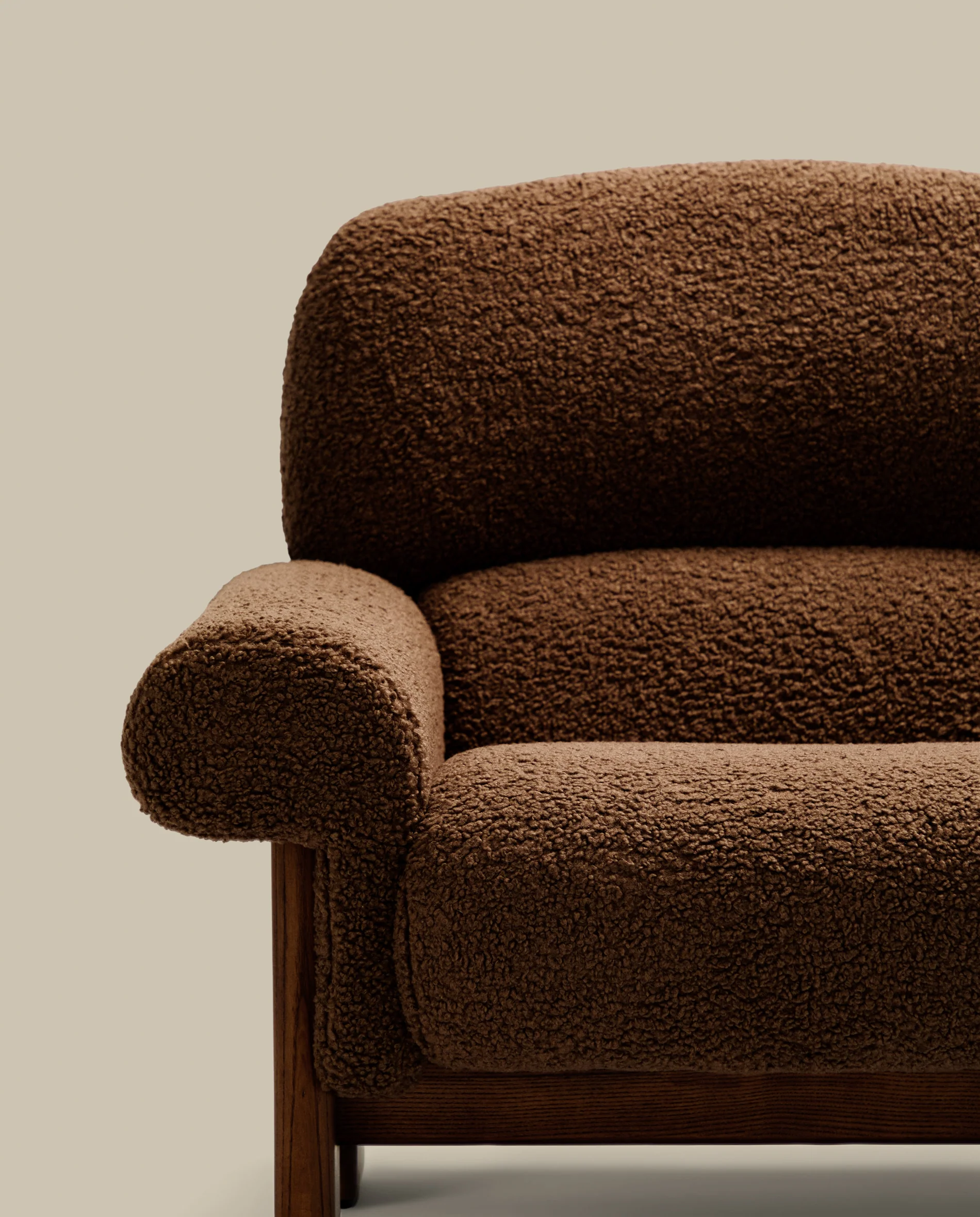 Nema armchair in taupe bouclé with solid ash wood legs in a walnut finish FSC 100% - Image 3