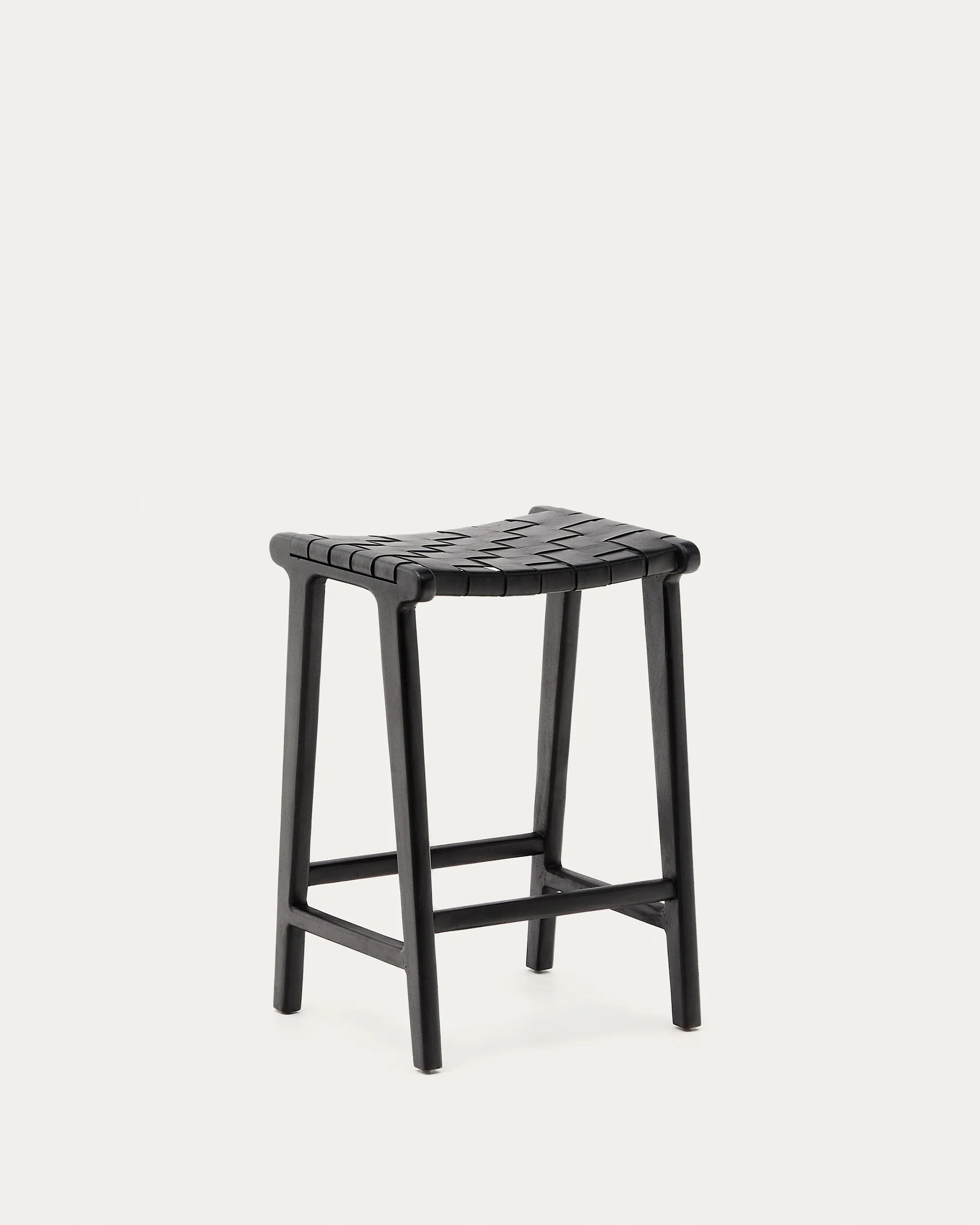 Calixta stool in leather and solid mahogany wood with black finish, 65 cm height