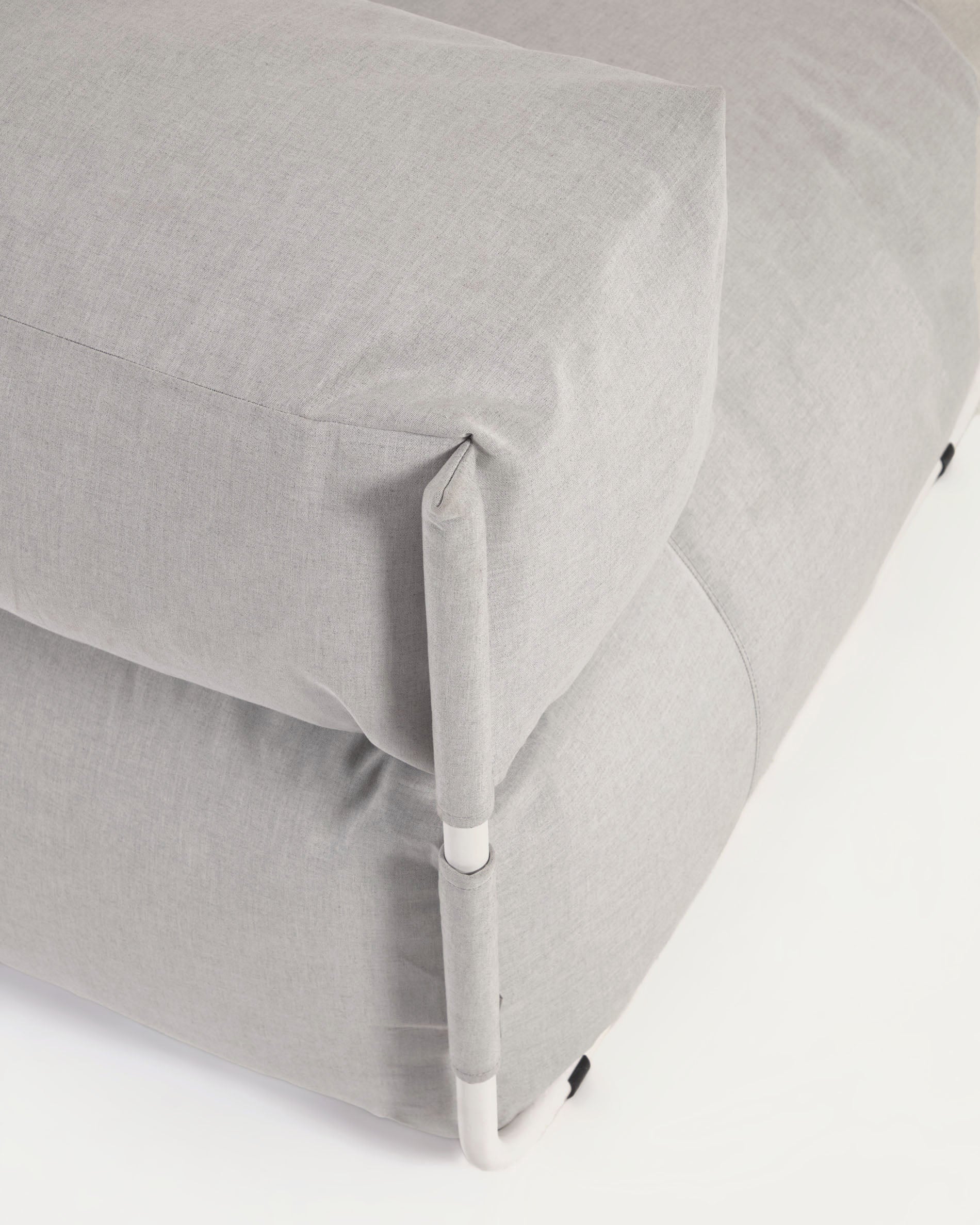 Square modular 100% outdoor sofa pouffe w/ backrest, light grey, white aluminium 101x101cm - Image 5