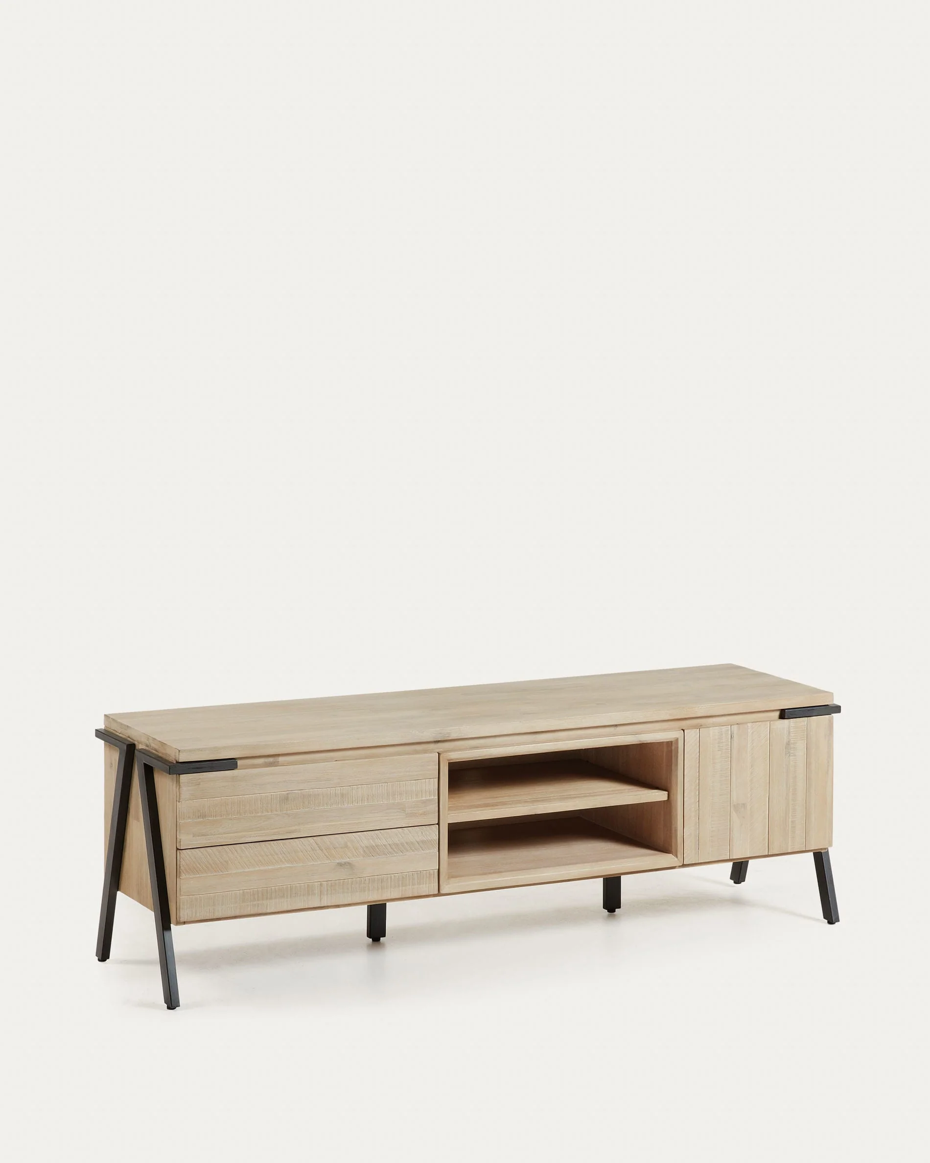 Thinh solid acacia wood single door 2 drawer TV stand with black finish steel, 165 x 53 cm - Image 4