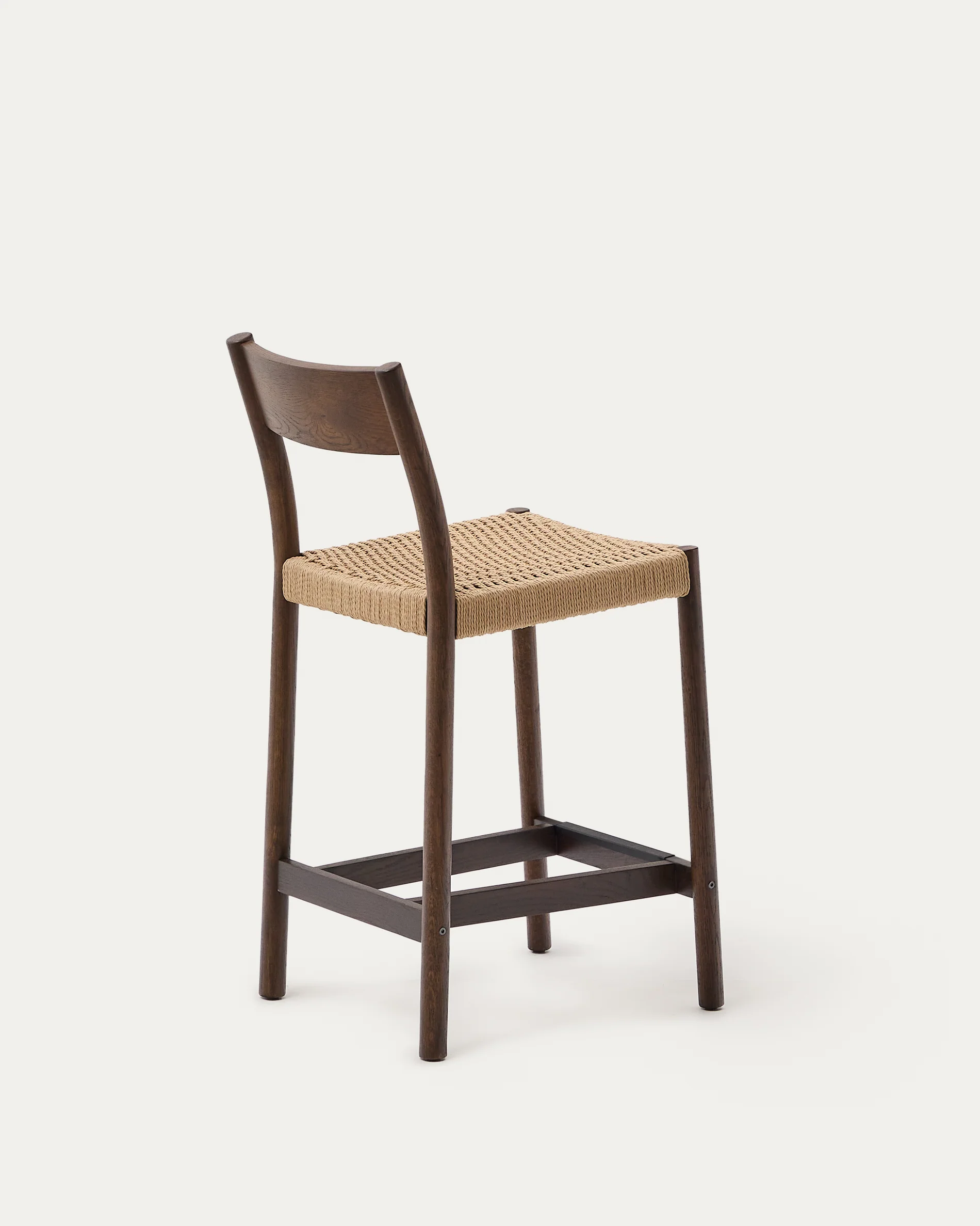 Yalia stool with a backrest in solid oak wood in a walnut finish, and rope cord seat, 65 cm FSC 100% - Image 7