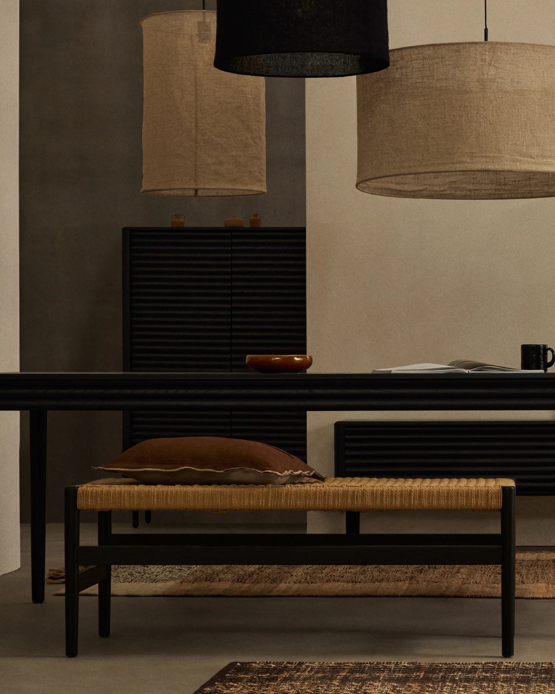 Zaide bench made of solid oak wood in a black finish and rope cord seat, 120 cm, FSC 100% - Image 2